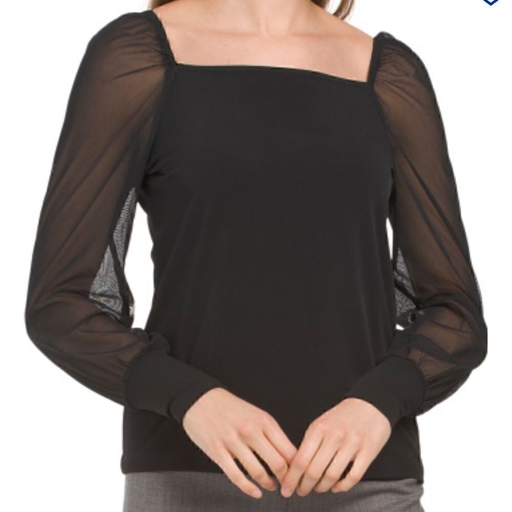 Tahari Black Square Neck Sheer Sleeve Blouse